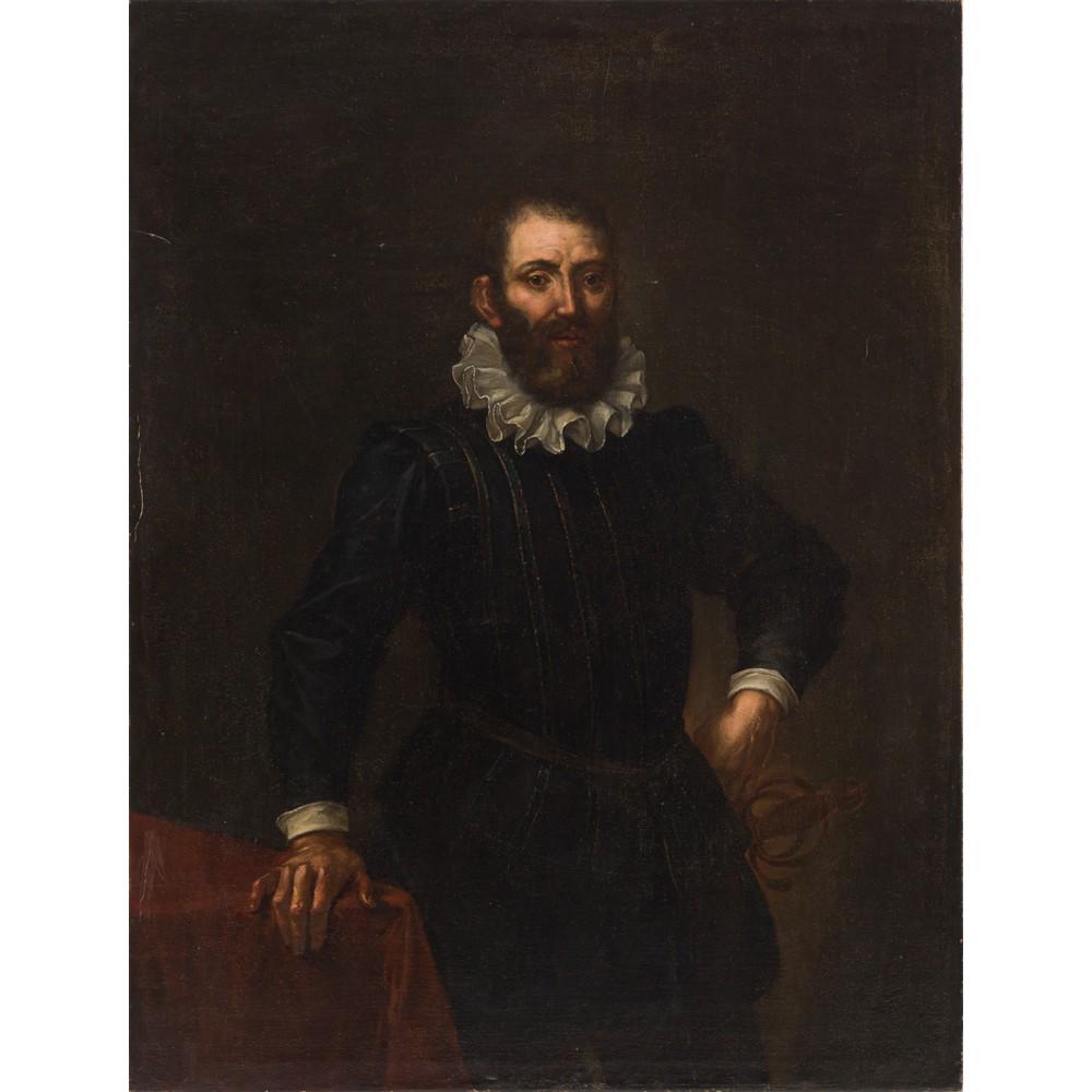BERNARDINO CAMPI (Cerchia di), Olio su tela: BERNARDINO CAMPI (Cerchia di) (Reggio Emilia 1522 - 1591) Ritratto di cavaliere con gorgiera Olio su tela Provenienza: Collezione Privata Prof. A. De Bonis. cm 148 x 112,5.