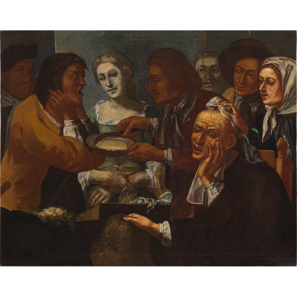 ANNIBALE CARRACCI (Bottega di), Olio SU TELA: ANNIBALE CARRACCI (Bottega di) (Bologna 1560-Roma 1609) Intervento di chirurgia alla testa eseguito da barbiere Olio su tela Firmato sul cappello in basso a sinistra A. Carracci Interessante e rara ic