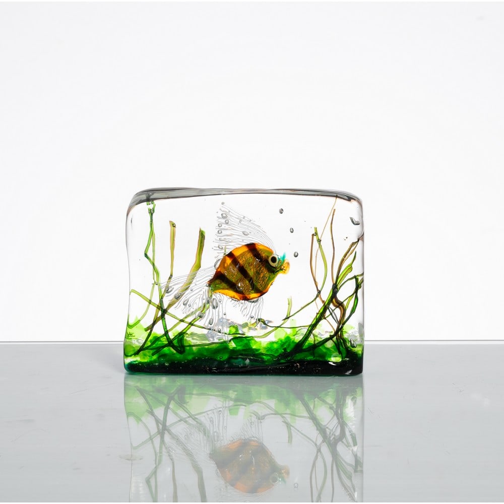 GINO CENEDESE (Attr.le), Acquario in vetro: GINO CENEDESE (Attr.le) Produzione Murano, Italia 1950 ca. Acquario in vetro trasparente con inclusione di pesce nero, giallo e verde, alghe marine e bolle. cm 16 x 4 Alt. 12.
