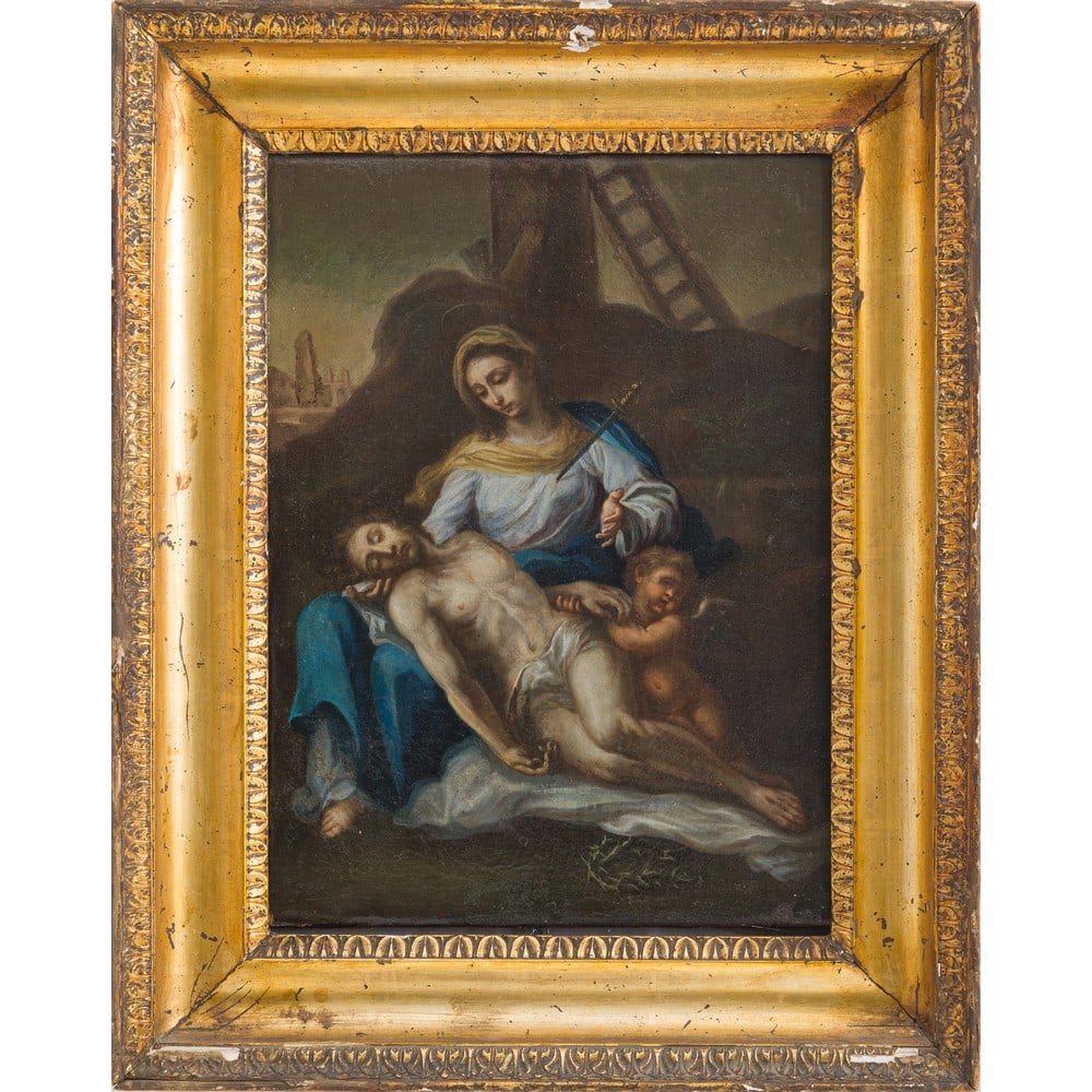 ANNIBALE CARRACCI (Bottega di), Olio su tela: ANNIBALE CARRACCI (Bottega di) (Bologna 1560-Roma 1609) Deposizione del Cristo morto Olio su tela Cornice a canna ciaccata in legno dorato ad argento e mistura Provenienza: Nobile famiglia siciliana.