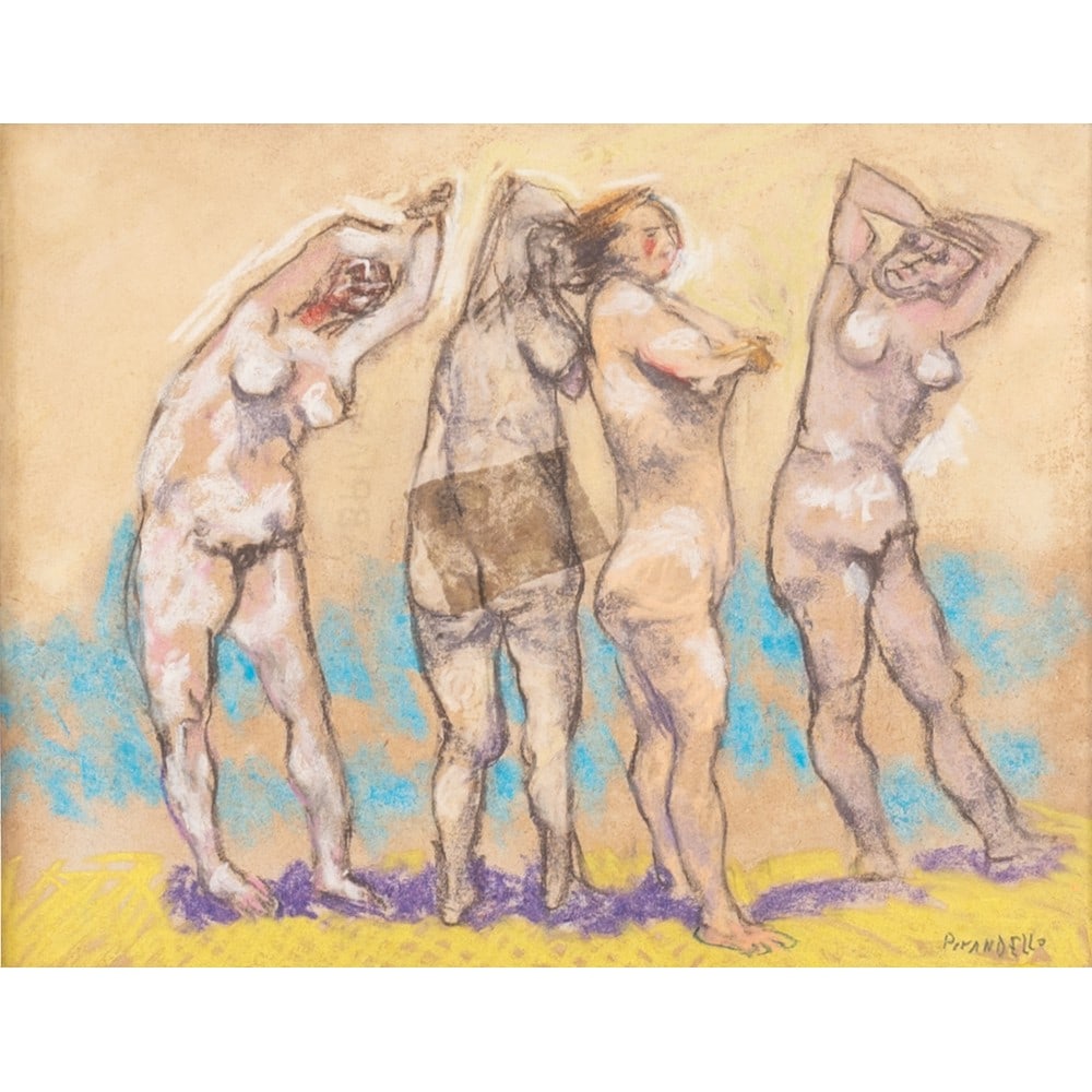FAUSTO PIRANDELLO, Quattro figure bagnanti, Pastello su carta: FAUSTO PIRANDELLO (Roma 1899 - 1975) Quattro figure bagnanti - Anni '60 Pastello su carta Firma in basso a destra Autentica su foto archivio Pirandello. cm 22 x 28.