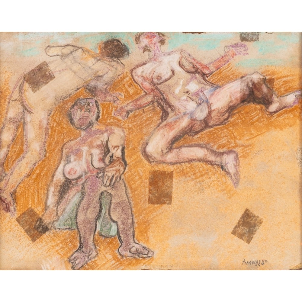 FAUSTO PIRANDELLO, Tre figure bagnanti, Pastello su carta: FAUSTO PIRANDELLO (Roma 1899 - 1975) Tre figure bagnanti - Anni '60 Pastello su carta Firma in basso a destra Autentica su foto archivio Pirandello. cm 22 x 28.