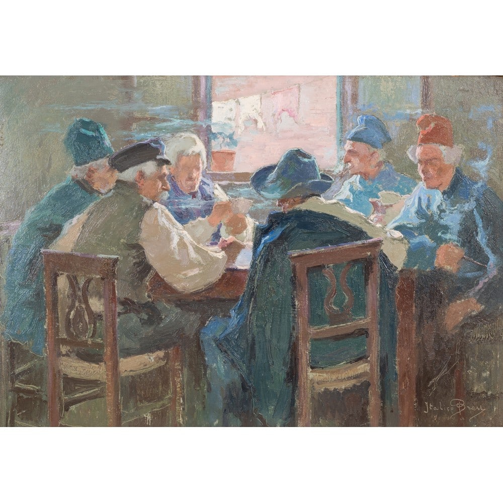 ITALICO BRASS, La partita a carte, Olio su tavoletta: ITALICO BRASS (Gorizia 1870 – Venezia 1943) La partita a carte Olio su tavoletta Firma in basso a destra. cm 34 x 48.