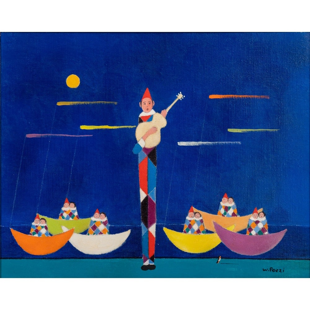 WALTER POZZI, Serenata, Olio su tela: WALTER POZZI (Bergamo 1911 - Milano 1989) Serenata Olio su tela Firma in basso a destra, controfirmato nel retro. cm 39 x 49.