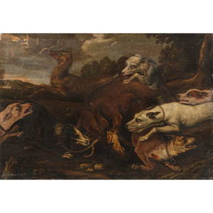 FRANS SNYDERS (Bottega di), Scena di caccia, Olio su tela: FRANS SNYDERS (Bottega di) (Anversa 1579 - 1657) Scena di caccia Olio su tela. cm 52,5 x 75.