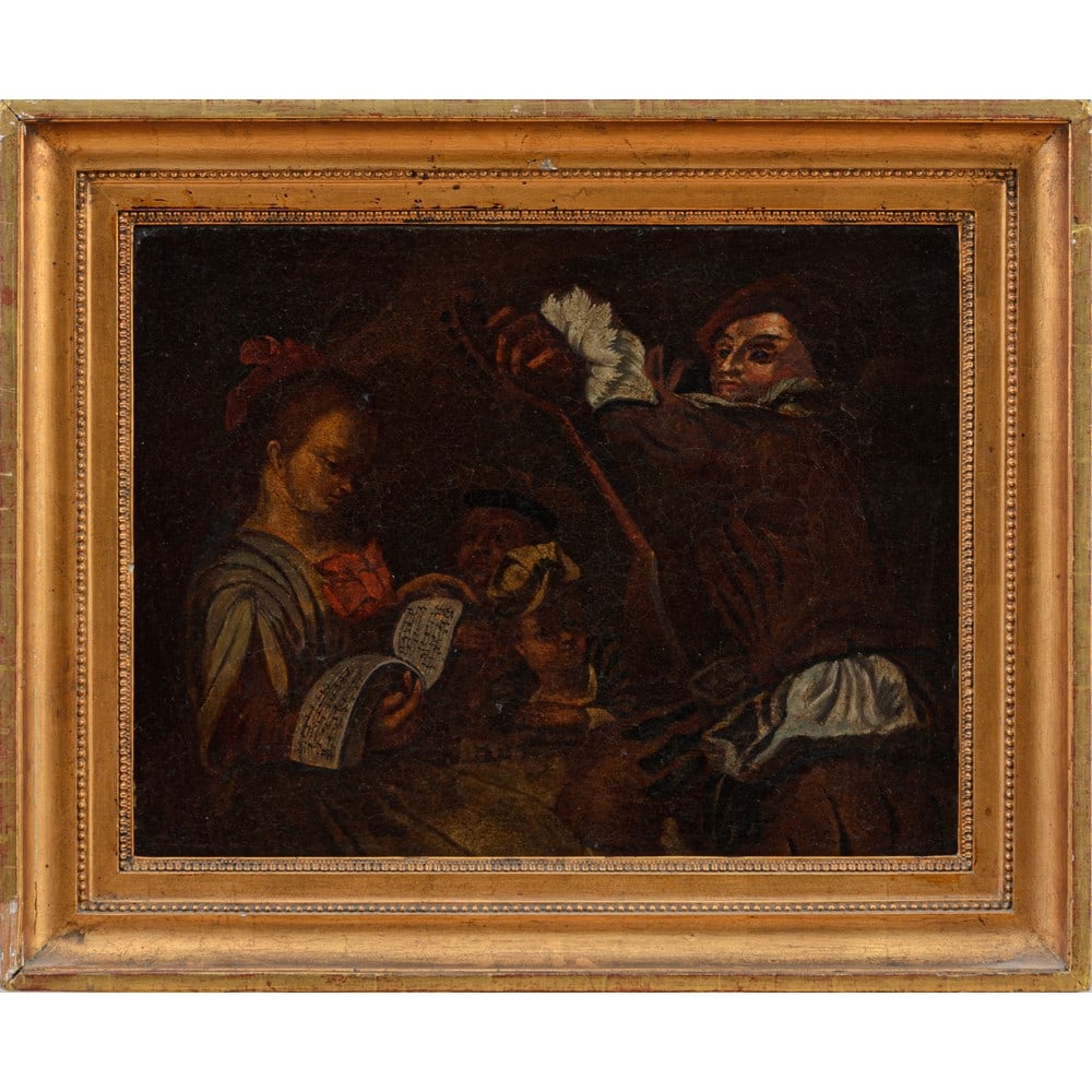 PIETRO LONGHI (Attr.le), Il Concertino, Olio su tela: PIETRO LONGHI (Attr.le) (Venezia 1701- 1785) Il Concertino Olio su tela Cornice in legno dorato Provenienza: Collezione privata Palermo. cm 44,5 x 57.