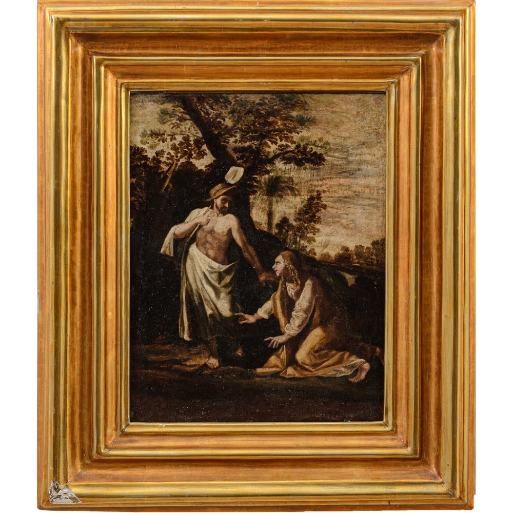 ANNIBALE CARRACCI (Cerchia di), Noli me tangere,Olio su tela: ANNIBALE CARRACCI (Cerchia di) (Bologna 1560 - Roma 1609) Noli me tangere Olio su tela Cornice in legno dorato Provenienza: Nobile famiglia siciliana. cm 42 x 34.