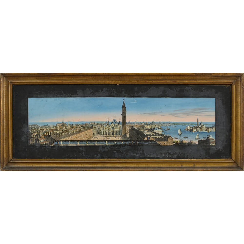 ANTONIO VALLARDI EDITORE, Gouache su carta: ANTONIO VALLARDI EDITORE (Milano XIX secolo) Veduta di Venezia con piazza San Marco e la Salute Gouache su carta Cornice in legno dorato Provenienza: Collezione privata Palermo. cm 22,5 x 89.