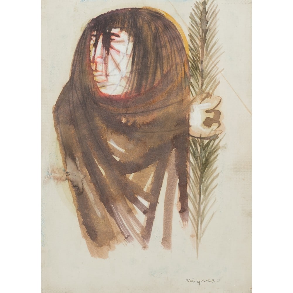 GIUSEPPE MIGNECO, Tecnica mista su carta applicata su tela: GIUSEPPE MIGNECO (Messina 1908 - Milano 1997) Figura Tecnica mista su carta applicata su tela Firma in basso a destra. cm 33 x 24.