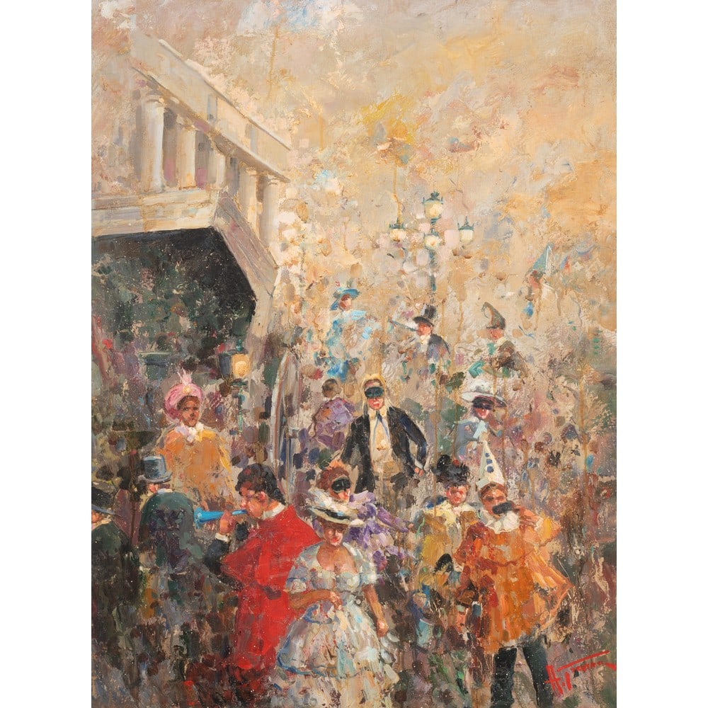 ANTONIO GRAVINA, Coro di maschere, Olio su tela: ANTONIO GRAVINA (Napoli 1934 - 2011) Coro di maschere Olio su tela Firma in basso a destra Firma per autentica nel retro. cm 80 x 60.