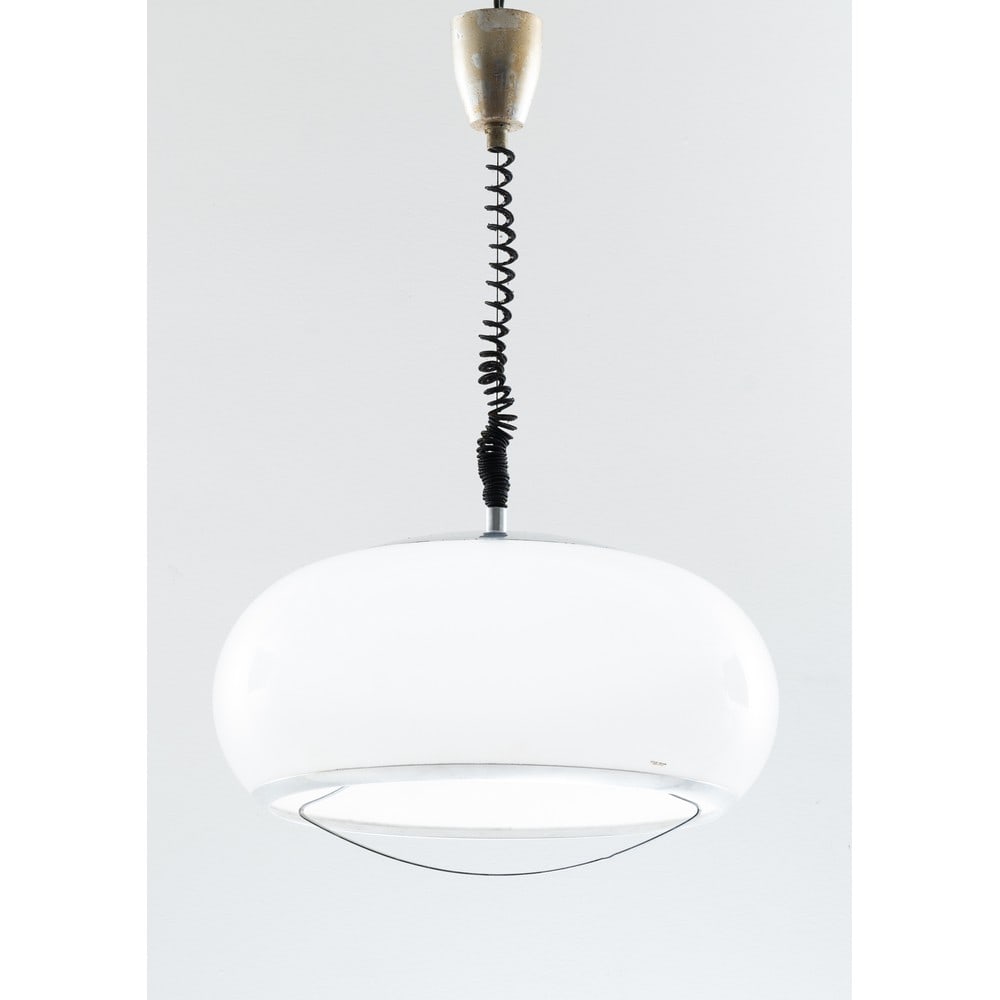 STILUX, Lampada a sospensione: STILUX Produzione Italia, 1979 ca. Lampada a sospensione “sali e scendi” ad una luce, struttura in metallo cromato, diffusore sferico schiacciato in plexiglass bianco. Etichetta di produzi