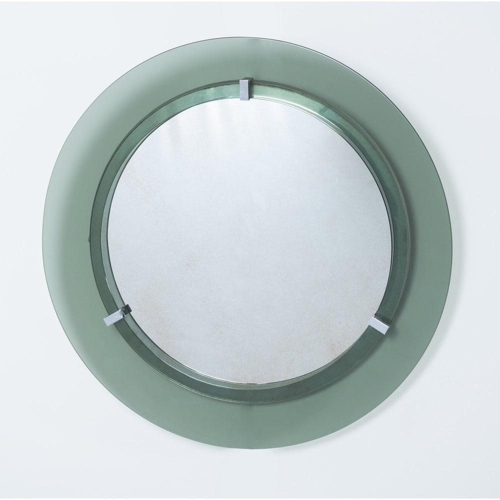 VECA, Specchio da parete: VECA Produzione Italia, 1970 ca. Specchio da parete con corpo circolare, cristallo fumè, cristallo specchiato, minuterie in metallo cromato. cm Ø 70.