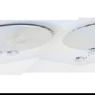 ROSS LOVEGROVE, Lampada da soffitto: ROSS LOVEGROVE Produzione Artemide, Italia 2000 ca. Lampada da soffitto a tre luci, diffusori ovalizzati in alluminio pressofuso, riflettore circolare in alluminio stampato e verniciato grigio. Etiche