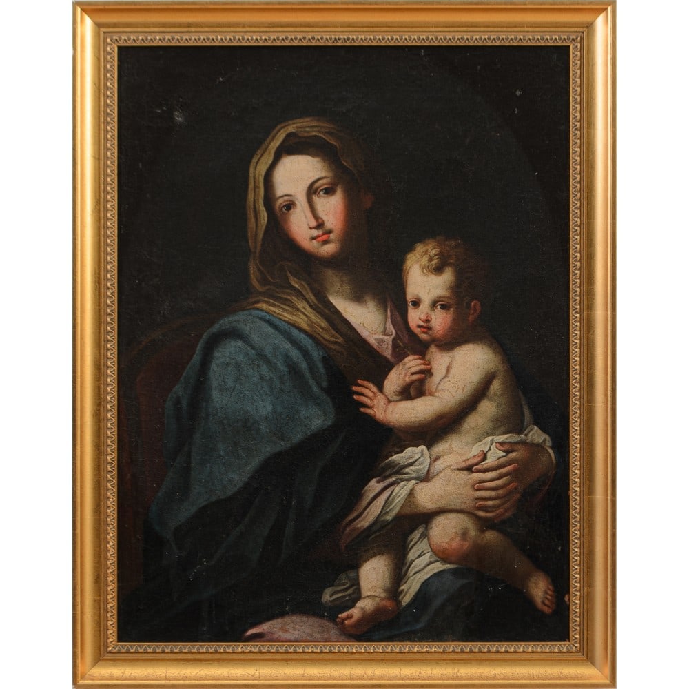 SEBASTIANO CONCA (Attr.le), Olio su tela: SEBASTIANO CONCA (Attr.le) (Gaeta 1680 - Napoli 1764) La Madonna con il Bambin Gesù Olio su tela Cornice in legno dorato Provenienza: Nobile famiglia siciliana. cm 97 x 73.
