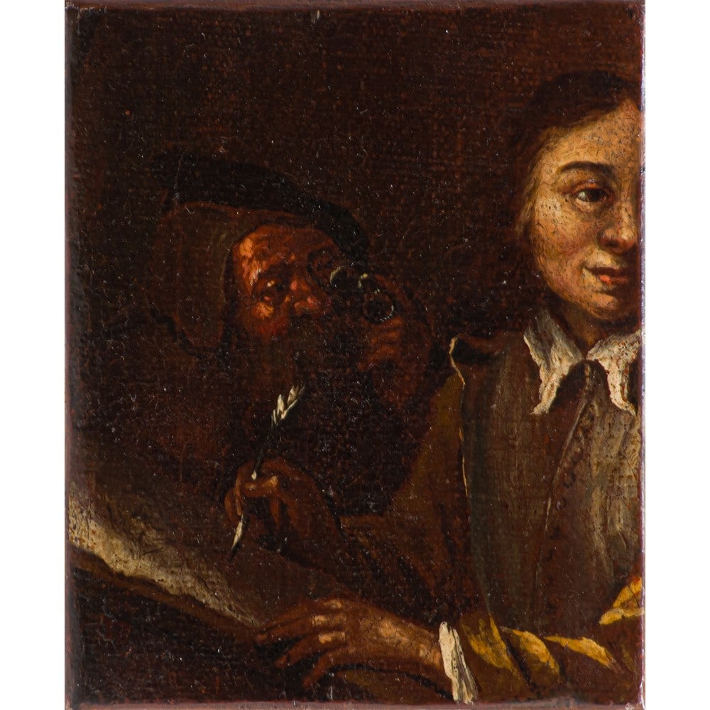 ANNIBALE CARRACCI (Attr.le), Olio su tela: ANNIBALE CARRACCI (Attr.le) (Bologna 1560 - Roma 1609) Il contratto Olio su tela Provenienza: Nobile famiglia Palermitana già collezione privata professore Bernardo Patella Palermo. cm 14,5 x 12.