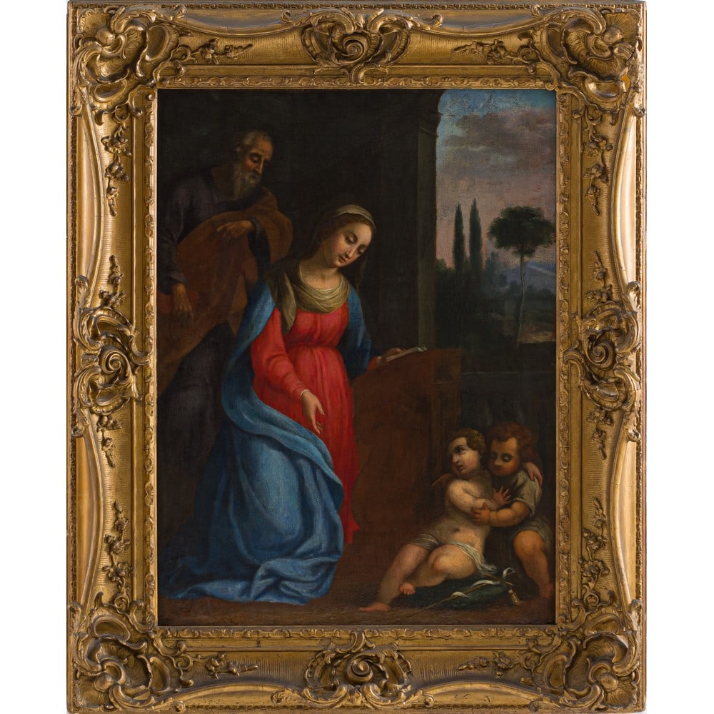 ANNIBALE CARRACCI (Bottega di), Olio su tela: ANNIBALE CARRACCI (Bottega di) (Bologna 1560 - Roma 1609) La Vergine Maria, San Giuseppe con il Bambin Gesù e San Giovannino Olio su tela Cornice in legno e pastiglia dorata. cm 90 x 67,5.