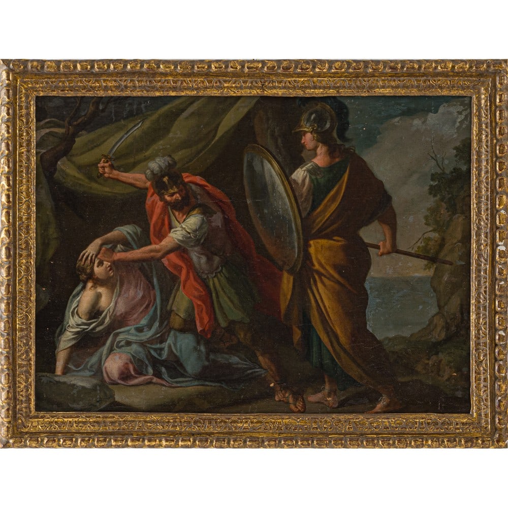 PAOLO DE MATTEIS (Attr.le), Scena biblica, Olio su tela: PAOLO DE MATTEIS (Attr.le) (Piano Vetrale 1662 – Napoli 1728) Scena biblica Olio su tela Cornice non coeva in legno intagliato e dorato Provenienza: Nobile famiglia siciliana. cm 84 x 115.