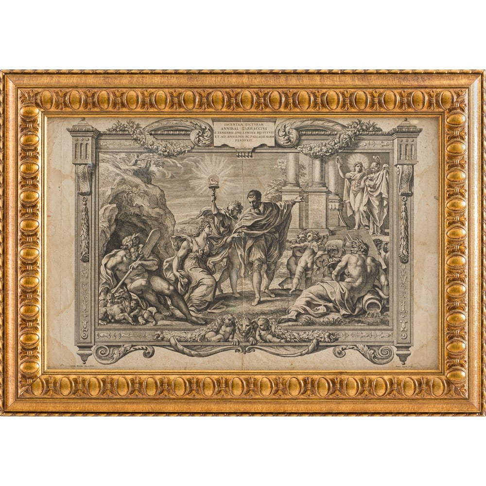 PIETRO AQUILA, Incisione: PIETRO AQUILA (Palermo 1630 - Alcamo 1692) Annibale Carracci solleva la pittura dall'oscurità Incisione a bulino tratta dall'opera di Carlo Maratta Firma in basso a destra. cm 45 x 70.