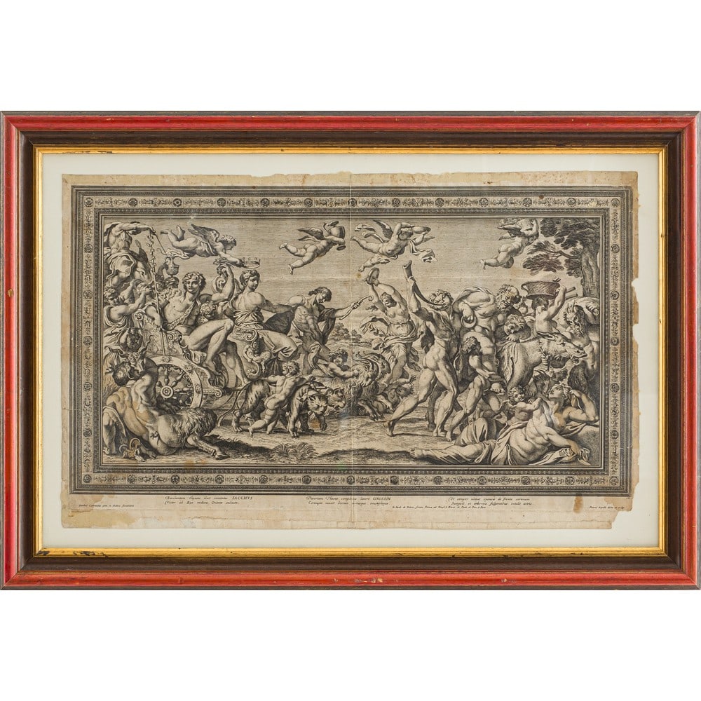 PIETRO AQUILA, Incisione: PIETRO AQUILA (Palermo 1630 - Alcamo 1692) Il trionfo di Bacco e Arianna Incisione a bulino tratta dall'affresco di Annibale Carracci di palazzo Farnese a Roma Firma in basso a destra. cm 44,5 x 71.