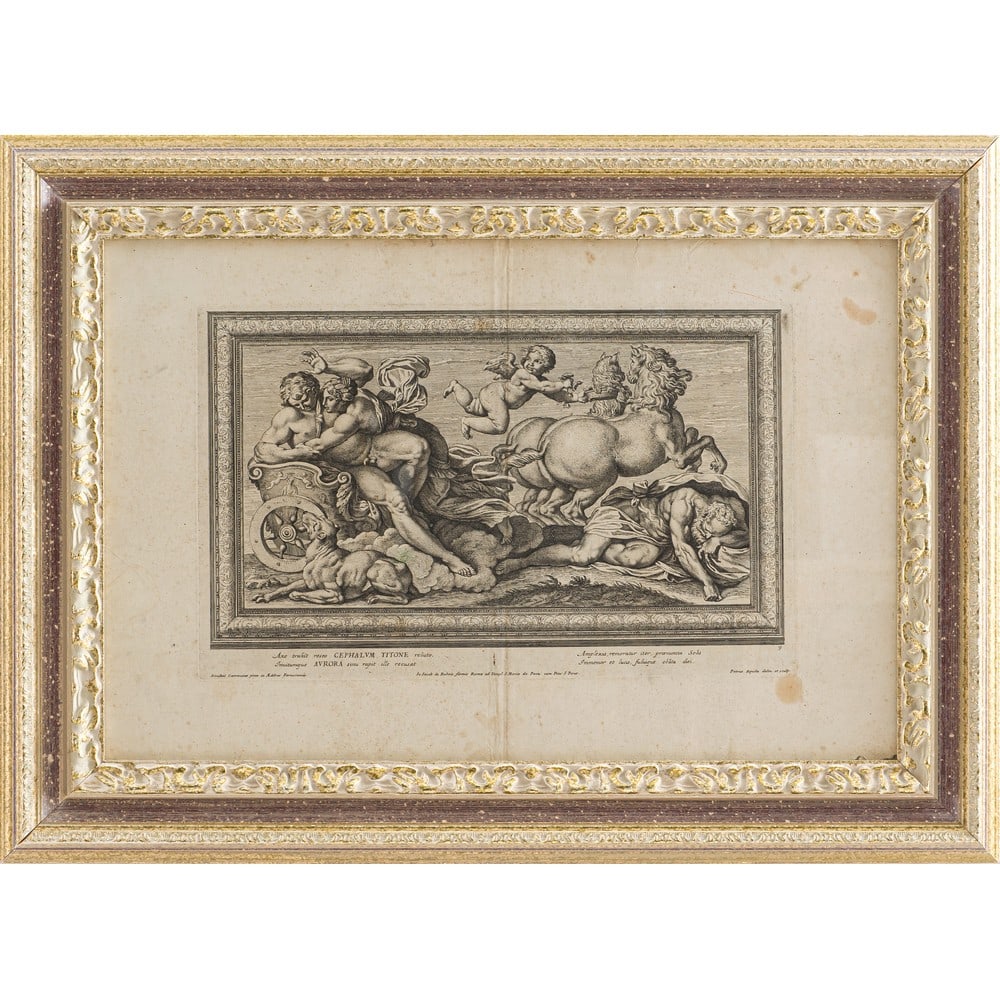 PIETRO AQUILA, Incisione: PIETRO AQUILA (Palermo 1630 - Alcamo 1692) Aurora e Cefalo Incisione a bulino tratta dall'opera di Annibale Carracci nel palazzo Farnese a Roma Firma in basso a destra. cm 28 x 44,5.