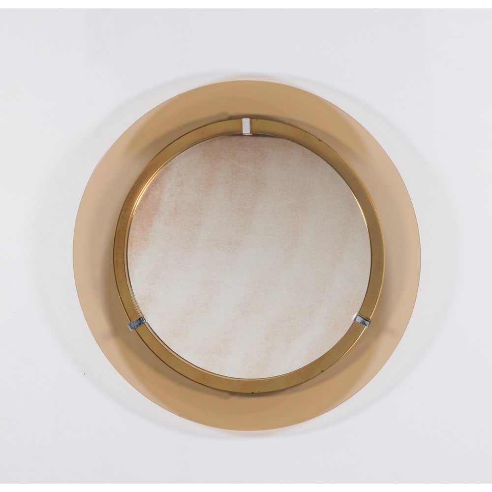 VECA, Specchio da parete: VECA Produzione Italia 1970 ca. Specchio da parete circolare, struttura metallo, cornice in cristallo fumè, cristallo specchiato, minuterie in metallo cromato. cm Ø 69,5.