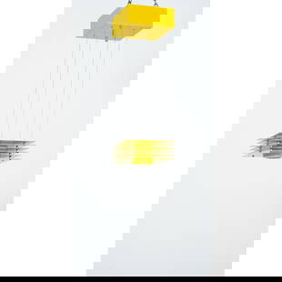 ETTORE SOTTSASS, Lampade a sospensione modello &#8220;Hikari&#8221;: ETTORE SOTTSASS Produzione Skipper, Italia 1976 ca. Lampade a sospensione ad una luce modello &#8220;Hikari&#8221;, diffusore quadrato composto da piani sovrapposti in metallo verniciato giallo, cavi