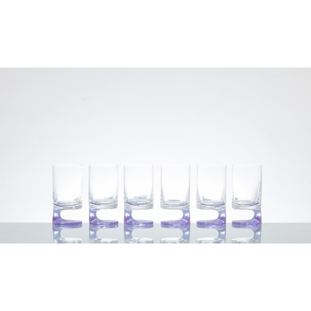 JOE COLOMBO, Sei bicchieri modello “Smoke” in cristallo: JOE COLOMBO Produzione Arnolfo di Cambio, Italia 1970 ca. Sei bicchieri modello “Smoke” in cristallo incolore, piede in cristallo viola. Marchio di produzione. Cm Alt. 14 - Cm Alt. 13 - Cm