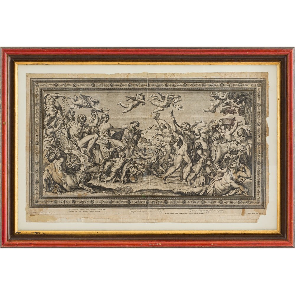 PIETRO AQUILA, Incisione: PIETRO AQUILA (Palermo 1630 - Alcamo 1692) Il trionfo di Bacco e Arianna Incisione a bulino tratta dall'affresco di Annibale Carracci di palazzo Farnese a Roma Firma in basso a destra. cm 44,5 x 71.
