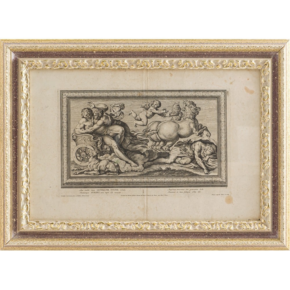 PIETRO AQUILA, Incisione: PIETRO AQUILA (Palermo 1630 - Alcamo 1692) Aurora e Cefalo Incisione a bulino tratta dall'opera di Annibale Carracci nel palazzo Farnese a Roma Firma in basso a destra. cm 28 x 44,5.