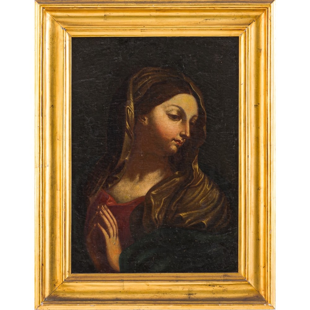 TOMMASO CONCA (Attr.le), La Madonna, Olio su tela: TOMMASO CONCA (Attr.le) (Roma 1734 – 1822) La Madonna Olio su tela Cornice in legno dorato Provenienza: Collezione privata Palermo. cm 70 x 50.