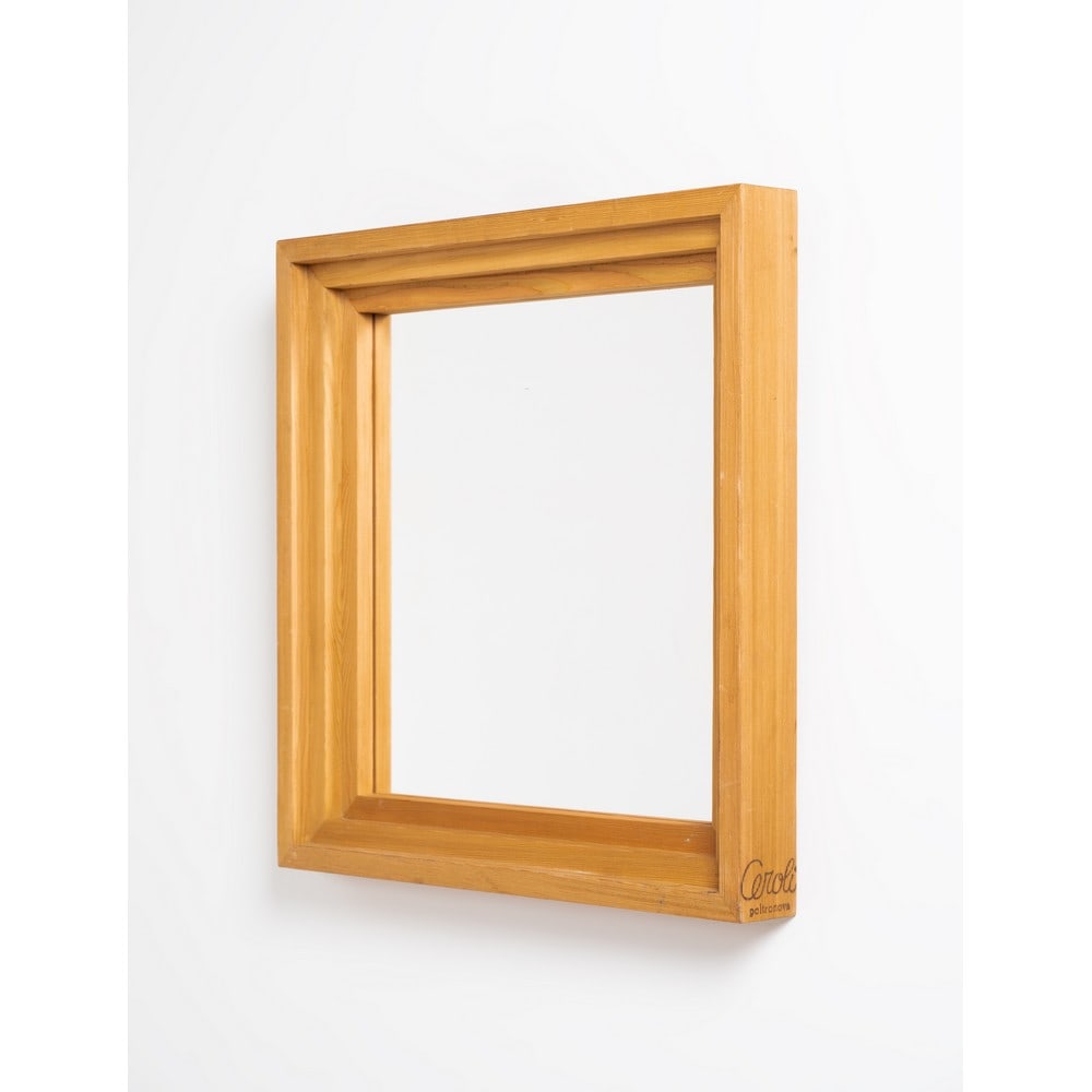 MARIO CEROLI, Specchio da parete quadrato modello “SP60”: MARIO CEROLI Produzione Poltronova, Italia 1970 ca. Specchio da parete quadrato modello “SP60” della serie Mobili nella Valle, con struttura in legno e cristallo specchiato Marchio a fuoco