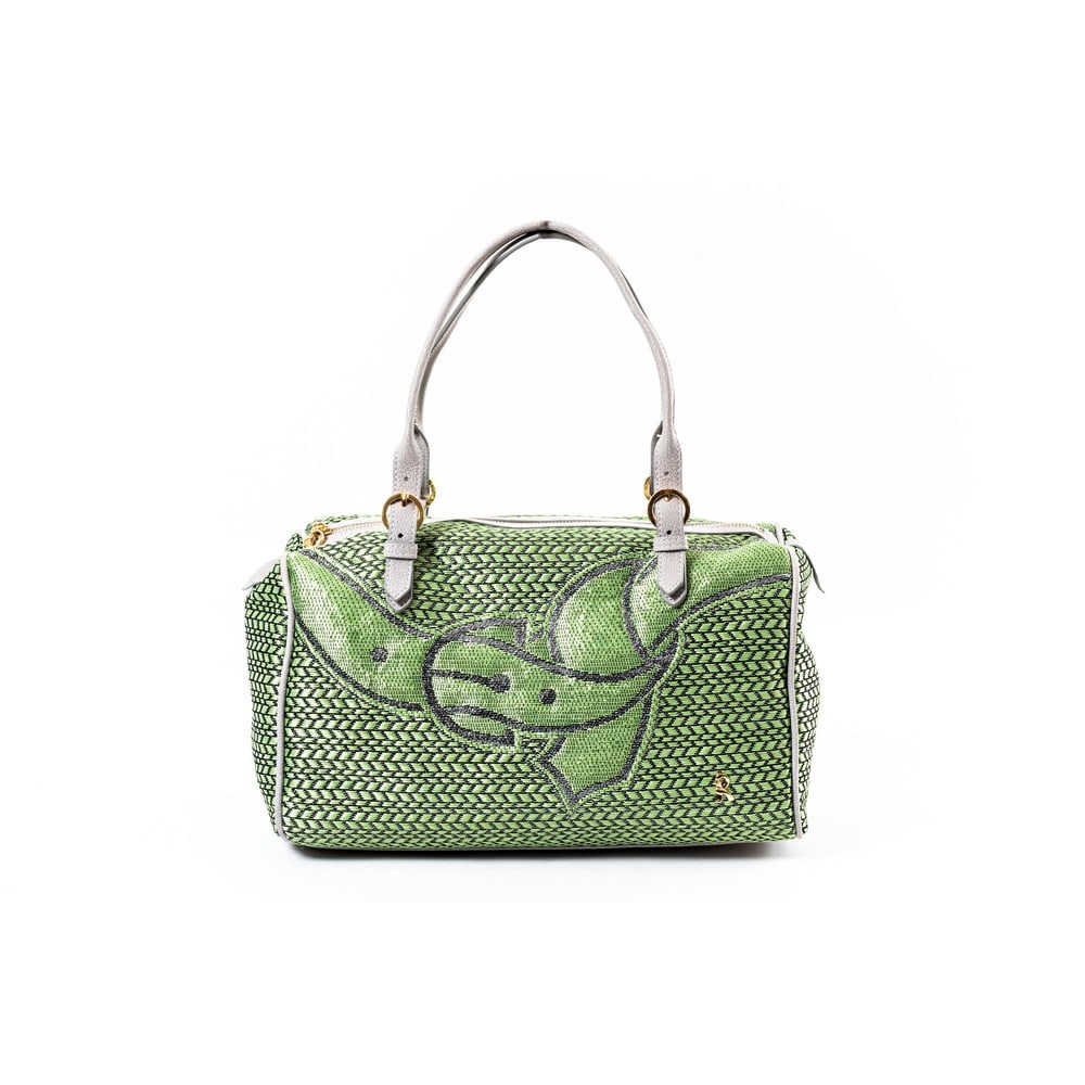 ROBERTA DI CAMERINO, Borsa a mano: ROBERTA DI CAMERINO Produzione Italia 1990 ca. Borsa a mano modello a bauletto in rafia verde e grigia, chiusura con cerniera centrale, cursore logato in metallo dorato, manici imbottiti, tasca intern