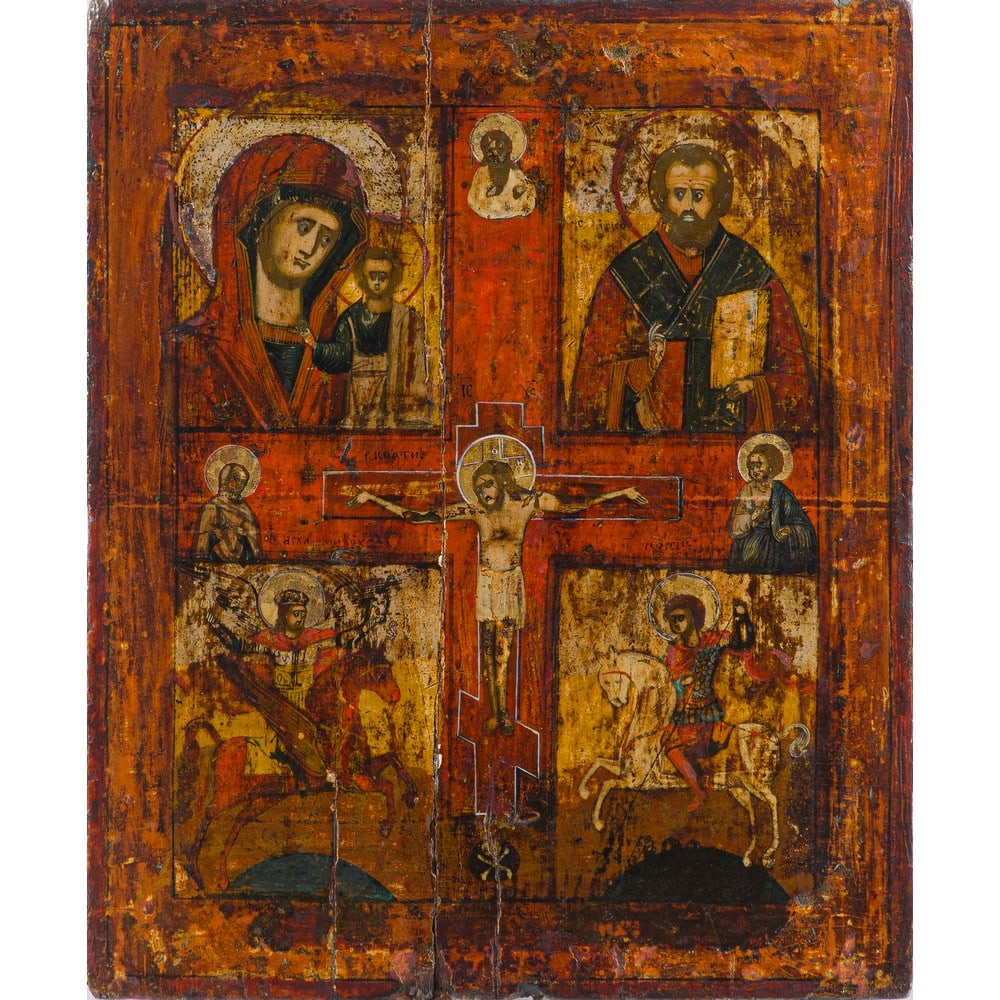 MANIFATTURA RUSSA DEL XVIII SECOLO, Icona: MANIFATTURA RUSSA DEL XVIII SECOLO Icona in legno dipinto raffigurante "Cristo con scene religiose". cm 49 x 41.