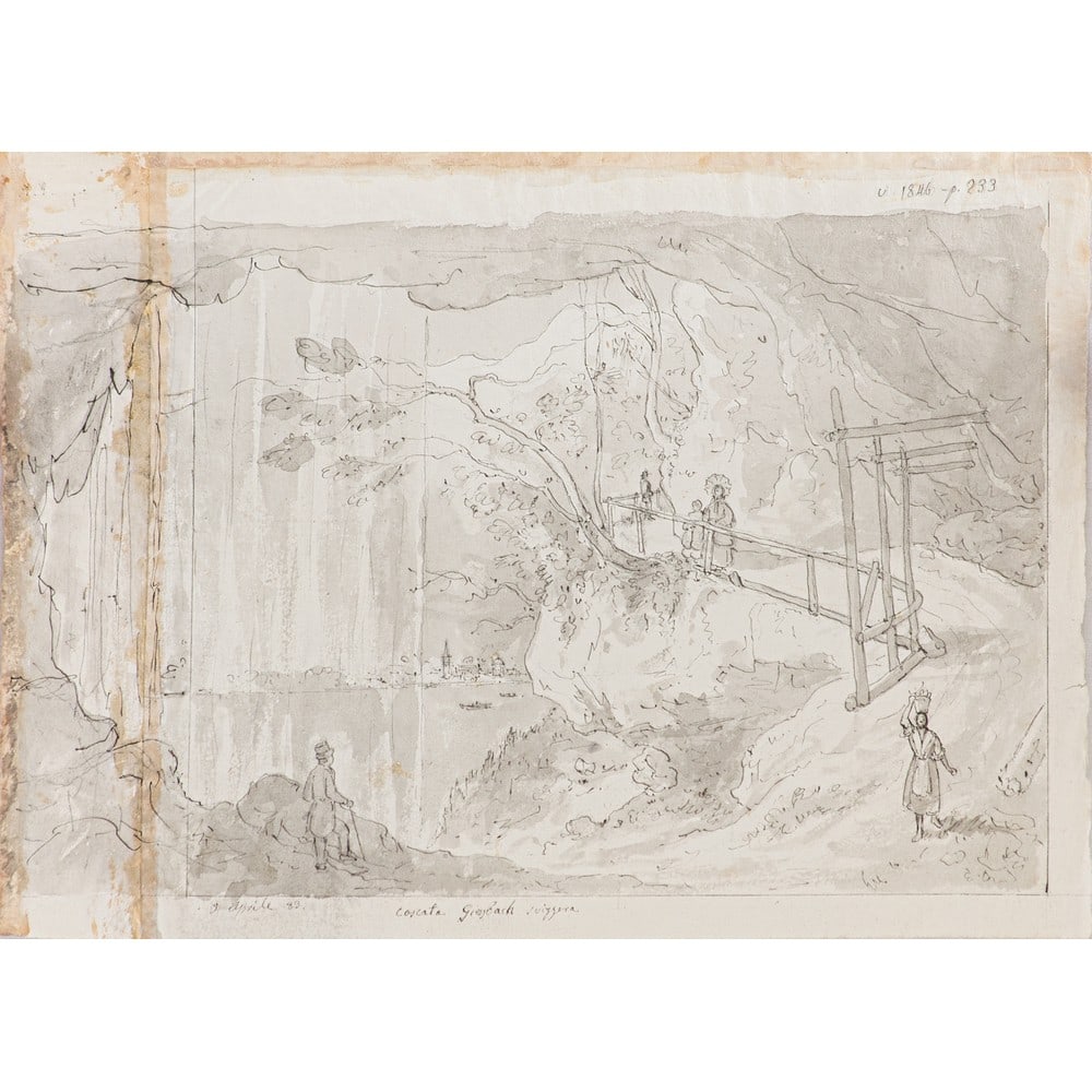 GIUSEPPE SAITTA, Due disegni acquarellati.: GIUSEPPE SAITTA (XIX secolo) Le Cascate Giessbach 1883 - Interno di Palazzo d’epoca 1877 Due disegni acquarellati. cm 27 x 37 - 32 .