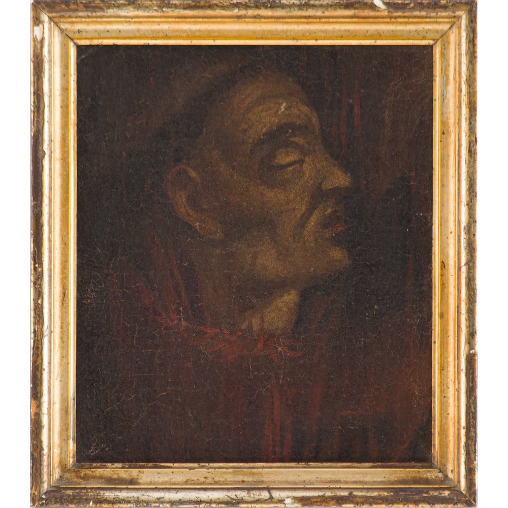PITTORE SICILIANO DEL XVIII SECOLO, Olio su tela: PITTORE SICILIANO DEL XVIII SECOLO Frate in meditazione Olio su tela (Restauri e difetti) Cornice ottocentesca in legno dorato. cm 30 x 25 .