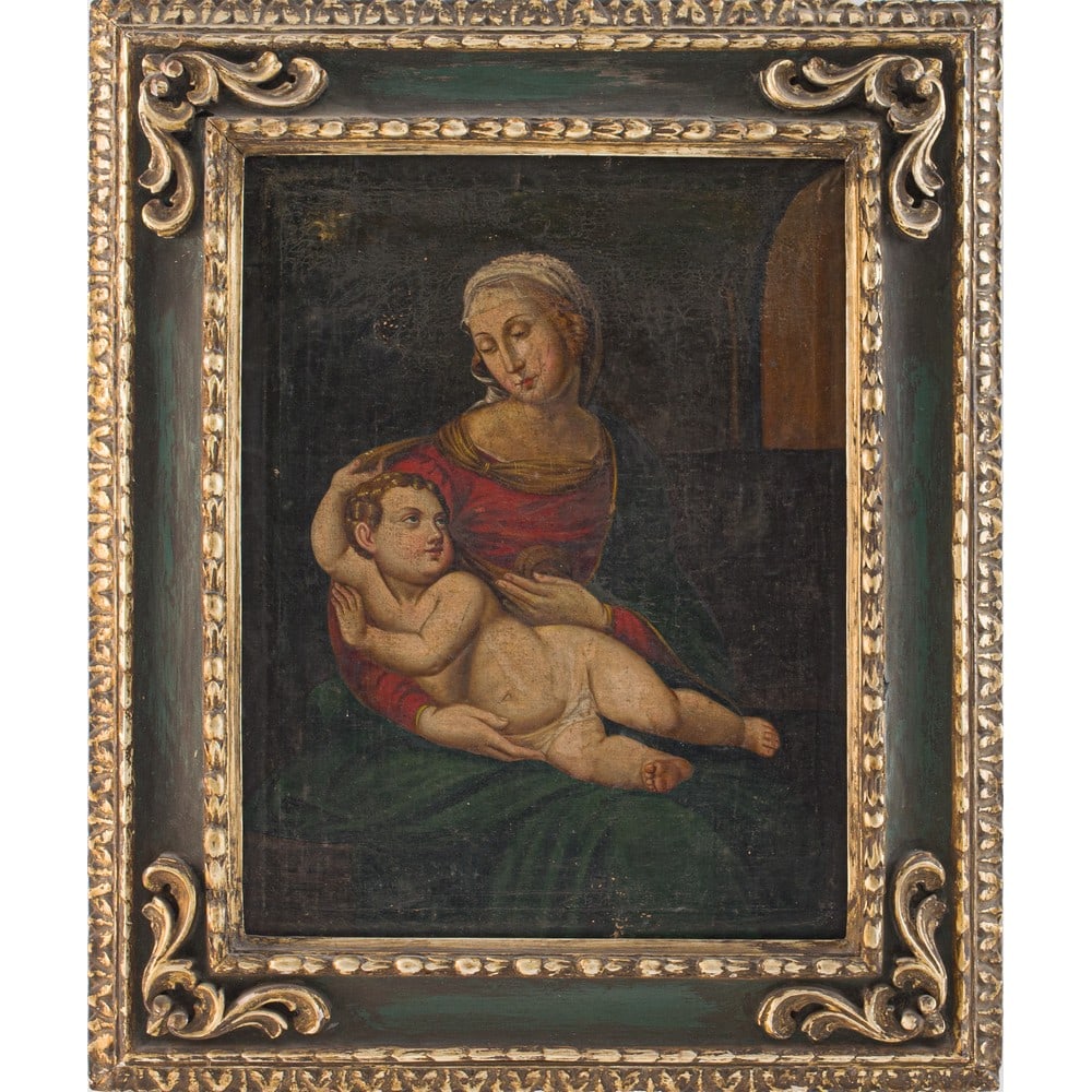 PITTORE ITALIANO DEL XIX SECOLO, Olio su tela: PITTORE ITALIANO DEL XIX SECOLO Madonna con bambino Olio su tela Cornice non coeva laccata e dorata Il dipinto è una copia della Madonna Bridgewater di Raffaello Sanzio (Urbino, 1483 – Roma