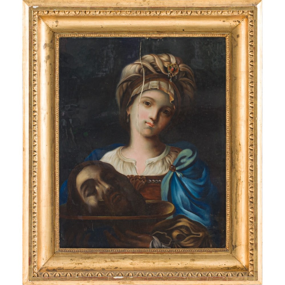 GUIDO RENI (Scuola di), Pastello su carta: GUIDO RENI (Scuola di) (Bologna 1575-1642) Salomè con la testa di S. Giovanni Battista Pastello su carta (difetti) Cornice non coeva in legno dorato. cm 78 x 61,5 .