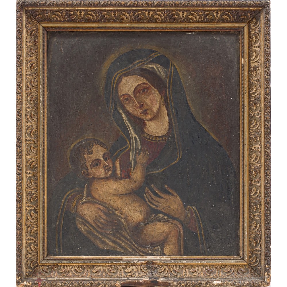 SCUOLA SICILIANA DEL XVII SECOLO, Olio su lavagna: SCUOLA SICILIANA DEL XVII SECOLO La Madonna con Bambino Olio su lavagna Cornice in legno e pastiglia dorata. cm 73 x 62.