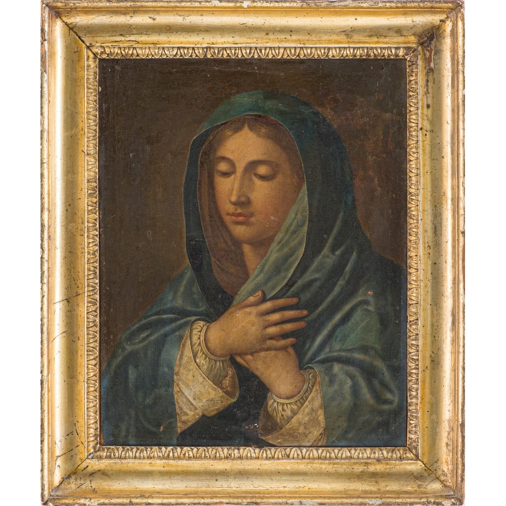 PITTORE SICILIANO DEL XVIII SECOLO, Olio su tela: PITTORE SICILIANO DEL XVIII SECOLO Madonna in preghiera Olio su tela Cornice coeva a mezza canna in legno dorato. cm 47 x 37 .