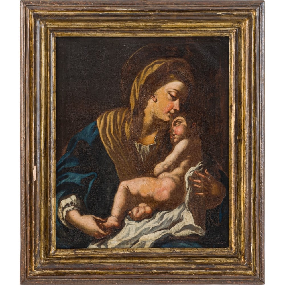 SEBASTIANO CONCA (Bottega di), Olio su tela: SEBASTIANO CONCA (Bottega di) (Gaeta 1680 – Napoli 1764) La Madonna con il Bambino Olio su tela Cornice coeva in legno dorato ad argento e mistura. cm 78,5 x 64.