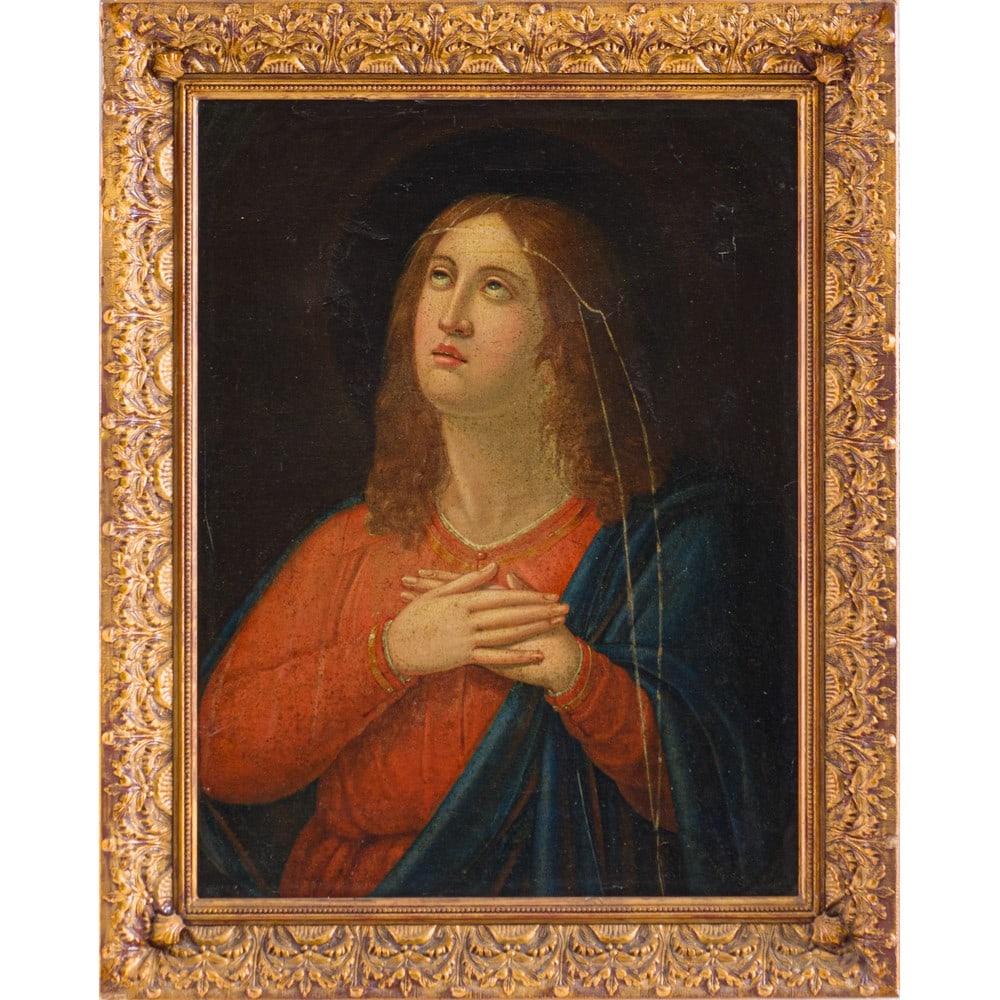 GUIDO RENI (Attr.), Olio su cartone riportato su tela: GUIDO RENI (Attr.) (Bologna 1575-1642) San Giovanni Evangelista in preghiera Olio su cartone riportato su tela Cornice ottocentesca in legno dorato Grandissima qualità, dipinto ancora da studiare