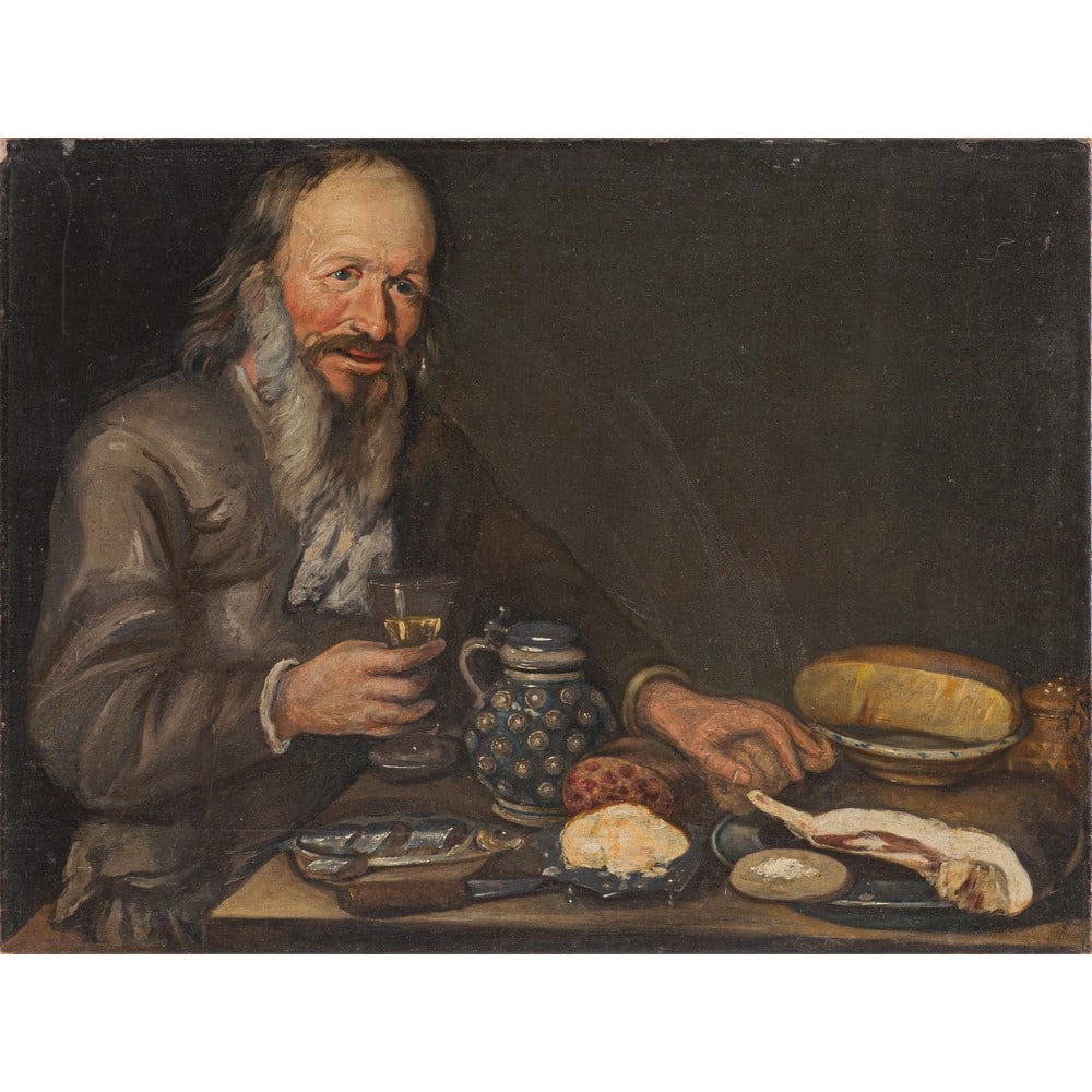 FLORIS GERRITSZ VAN SCHOOTEN (Attr.), Olio su tela: FLORIS GERRITSZ VAN SCHOOTEN (Attr.) (Haarlem 1590-1656) Scena di cucina Olio su tela F. van Schooten attivo ad Haarlem nel periodo d’oro della pittura fiamminga, cresce sotto l'influenza di Pie