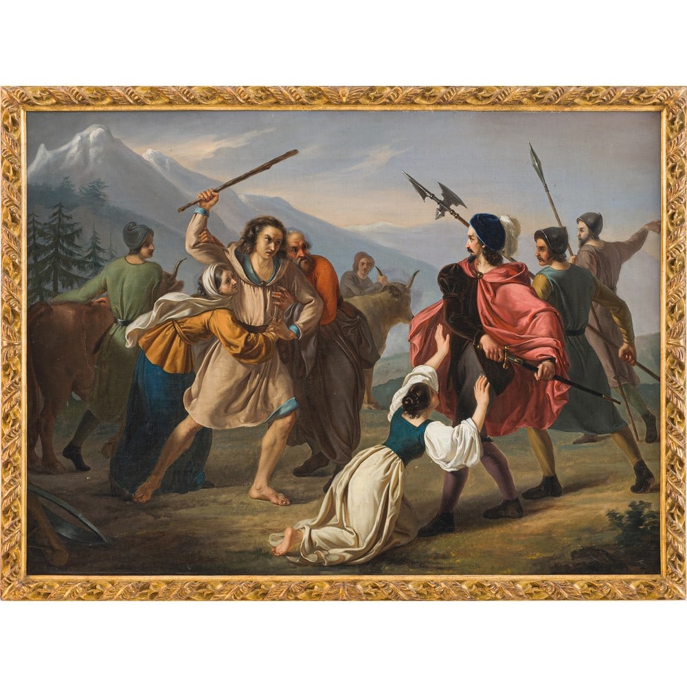 GIUSEPPE DIOTTI (Attr.), Olio su tela: GIUSEPPE DIOTTI (Attr.) (Casalmaggiore 1779 – 1846) Episodio del Guglielmo Tell Olio su tela Cornice in legno intagliato e dorato. cm 90 x 123.