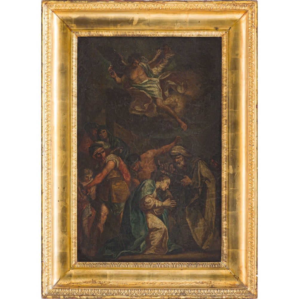 PITTORE SICILIANO DEL XVIII SECOLO, Olio su Tela: PITTORE SICILIANO DEL XVIII SECOLO Scena Sacra Olio su tela Cornice coeva a mezza canna in legno dorato. cm 50 x 33,5 .