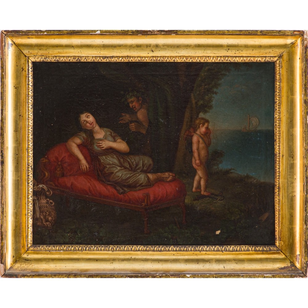 PITTORE SICILIANO DEGLI INIZI DEL XIX SECOLO, Olio su tela: PITTORE SICILIANO DEGLI INIZI DEL XIX SECOLO Venere dormiente con Satiro e Cupido Olio su tela Cornice coeva a mezza canna in legno dorato. cm 40 x 52 .