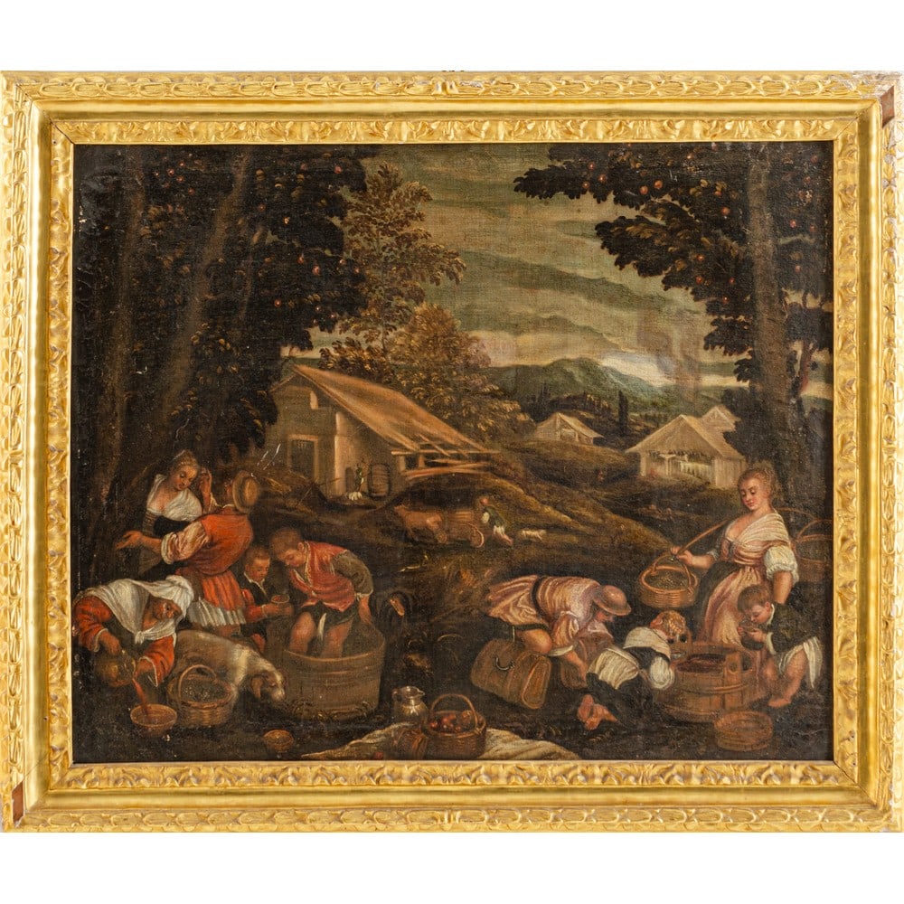 FRANCESCO DA PONTE (Cerchia di), Olio su tela: FRANCESCO DA PONTE detto FRANCESCO BASSANO (Cerchia di) (Bassano del Grappa 1549 - Venezia 1592) La Vendemmia (L’Autunno) Olio su tela Cornice settecentesca in legno scolpito e dorato Il dipinto