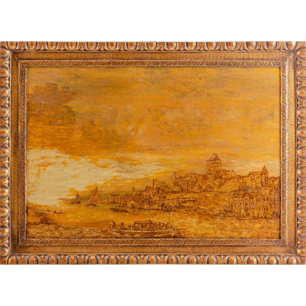 JAN VAN GOYEN (Attr.), Bozzetto ad olio su tavola parquettata: JAN VAN GOYEN (Attr.) (Leyda 1596- L’ Aia 1656) Il fiume Waal a Nijmegen (Nimega) con le rovine del castello di Valkhof Bozzetto ad olio su tavola parquettata Cornice in legno. cm 65,5 x 98 .