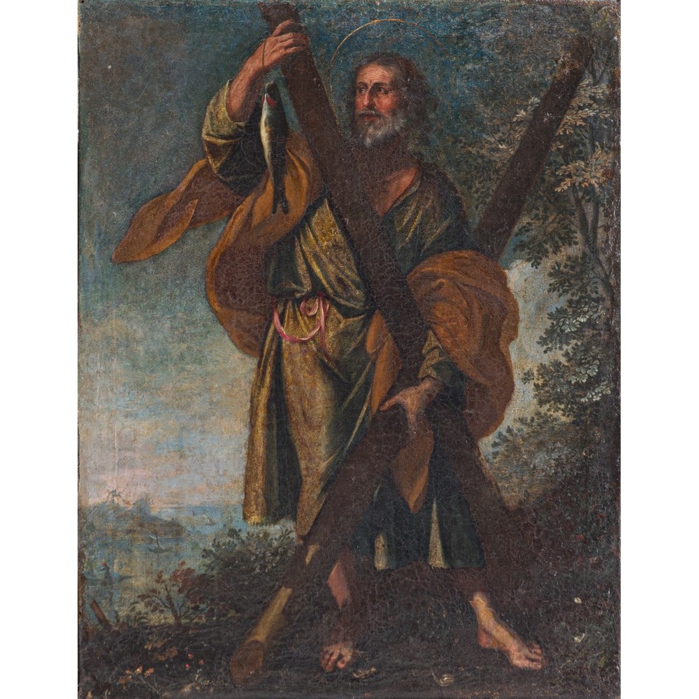 MARIANO ROSSI, Olio su tela: MARIANO ROSSI (Sciacca 1731- Roma 1807) S. Andrea pescatore con la croce Olio su tela Firma con monogramma al centro in basso M. Rossi si forma a Palermo con Filippo Randazzo e successivamente si tras