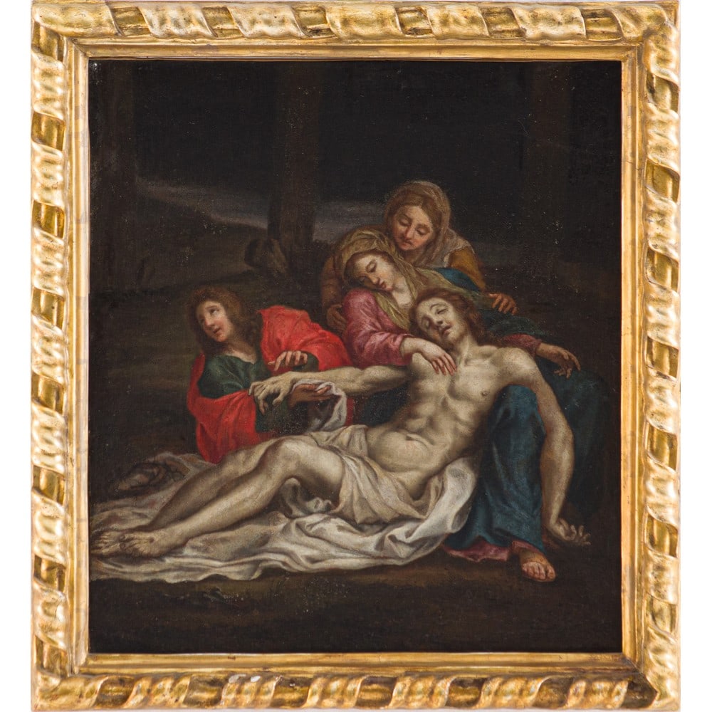 ANNIBALE CARRACCI (Seguace di), Olio su tela: ANNIBALE CARRACCI (Seguace di) (Bologna 1560 – Roma 1609) Compianto sul Cristo morto Olio su tela Cornice non coeva in legno dorato. cm 55,5 x 49 .