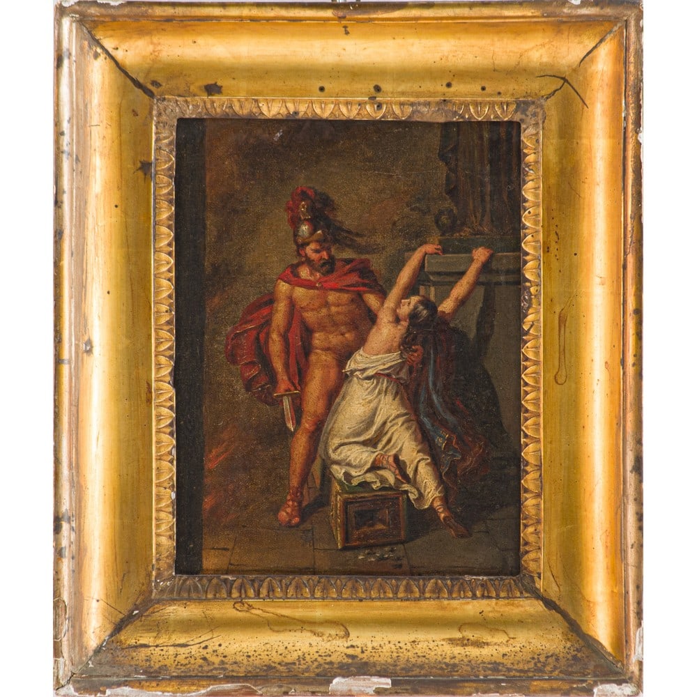 PITTORE NEOCLASSICO SICILIANO INIZI XIX SECOLO, Olio su tela: PITTORE NEOCLASSICO SICILIANO DEGLI INIZI DEL XIX SECOLO Odisseo e la Maga Circe Olio su tela Cornice coeva a mezza canna in legno dorato. cm 28 x 21 .